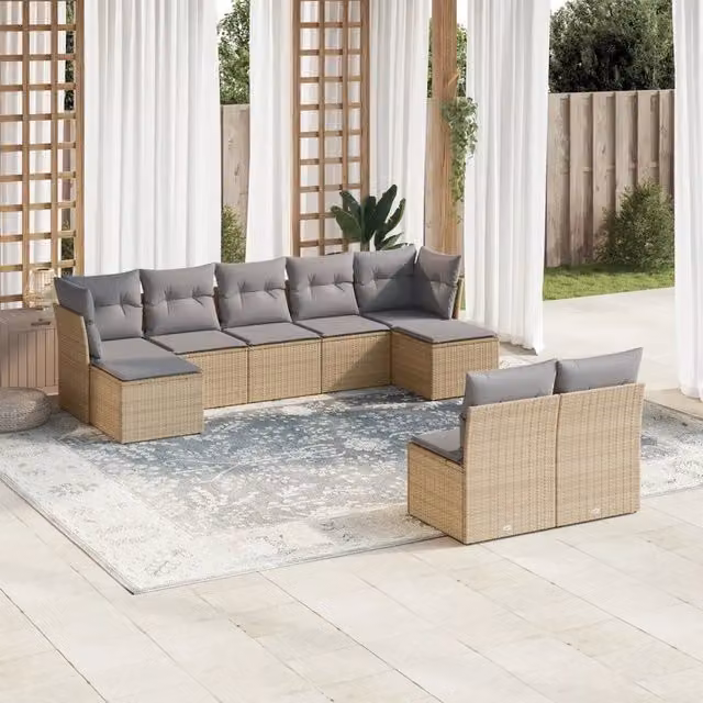 Set Divano da Giardino a L VIDAXL in Polyrattan Beige con 9 Pezzi e Cuscini – 1