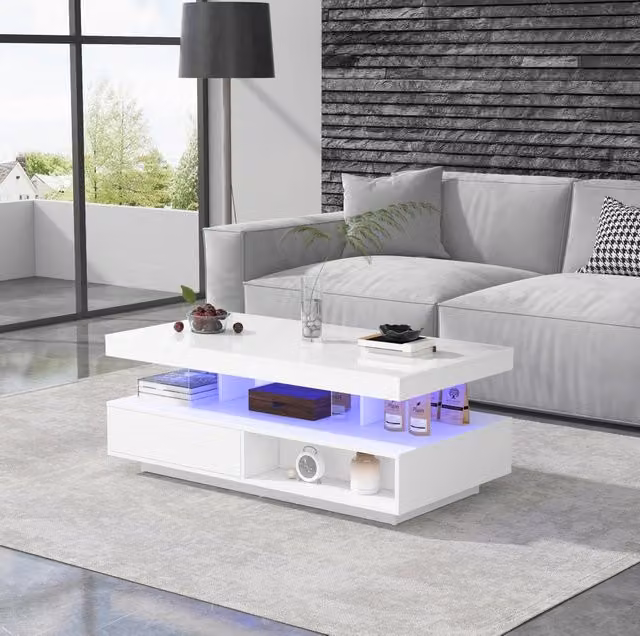 Tavolino da caffè bianco lucido con LED, vetro, 2 cassetti e vani aperti