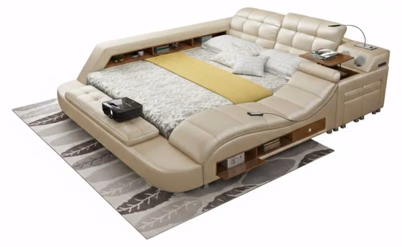 Letto multifunzionale in stile moderno, color beige, struttura in legno, morbido