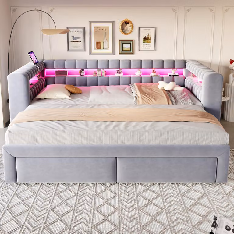 Letto imbottito okwish 90/180x190 con letto estraibile e 2 cassetti, divano letto con USB e porta Type-C, LED, letto per bambini, colore grigio chiaro, senza materasso