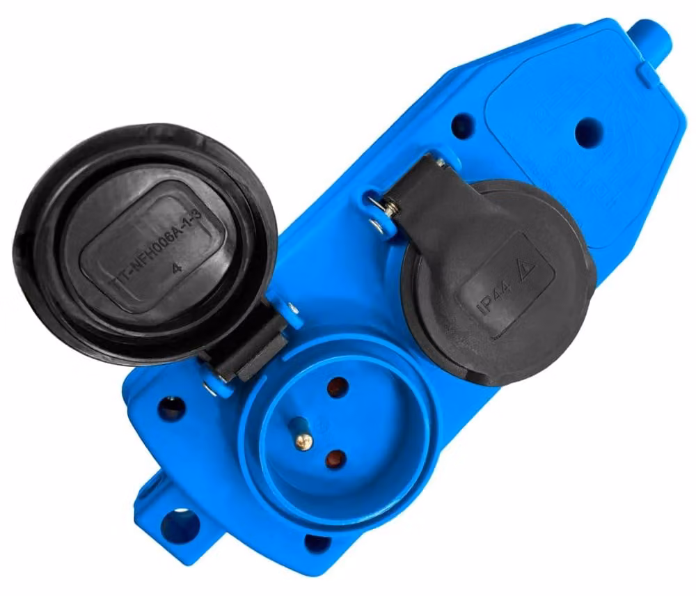 Quadricolo multiplo con 4 prese, 16A, grado di protezione IP44, tipo: con contatto di protezione, colore blu