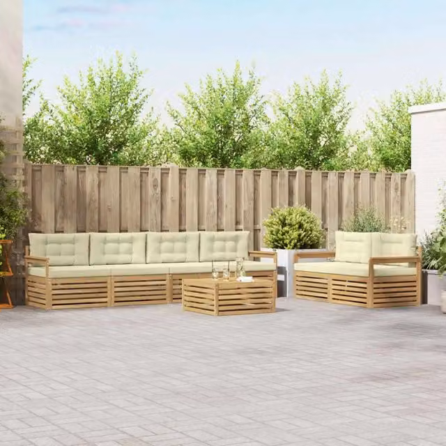 Set di mobili da giardino vidaXL composto da 7 pezzi con divano a 3 posti, poltrone, tavolino da caffè e cuscini in tessuto bianco e beige con struttura in legno di acacia trattato – 1