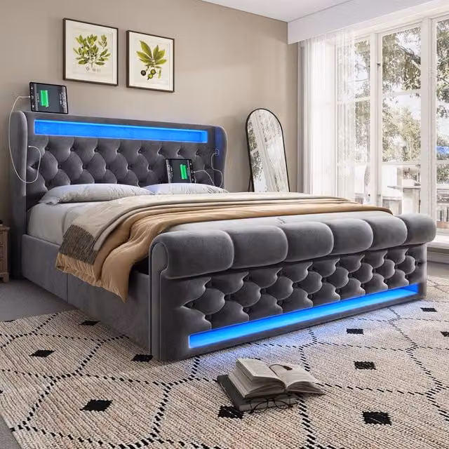 Letto matrimoniale 140 × 200 cm con LED, USB e porta tipo C, contenitore idraulico e materasso, velluto grigio