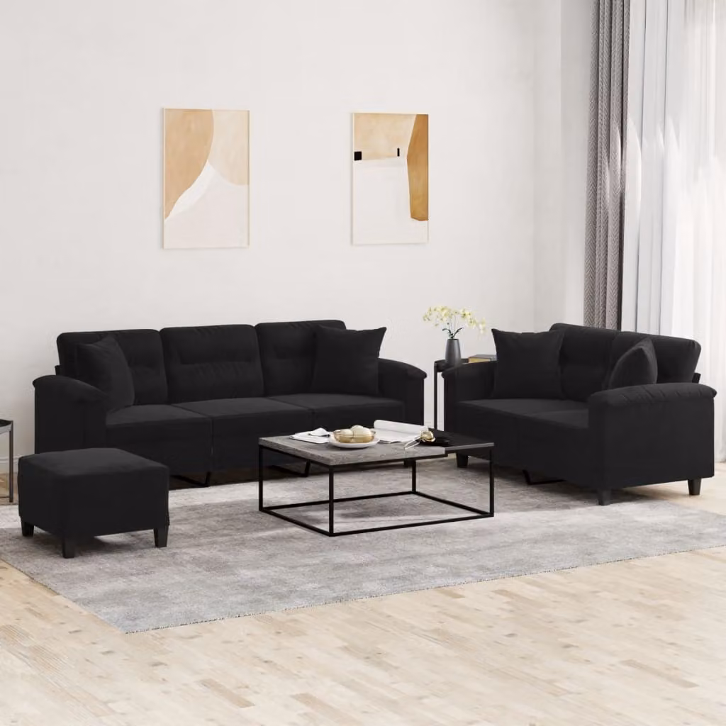 Set di Divani vidaXL 3 Pezzi con Pouf e Cuscini in Microfibra Nera per Soggiorno Moderno – 1