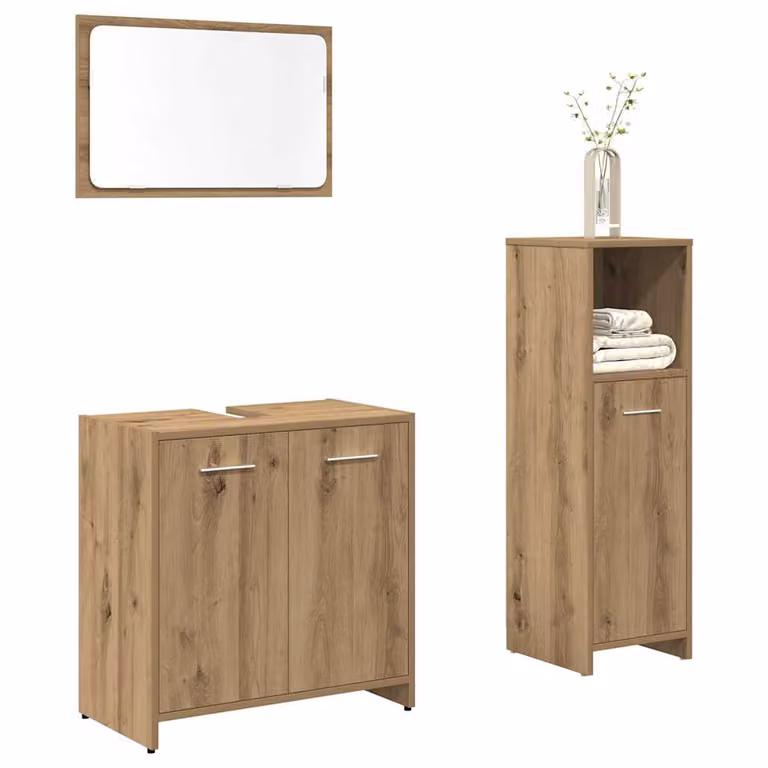 Set di mobili da bagno vidaXL 3 pezzi in legno rovere marrone con mobile lavabo, armadietto con specchio e mobile laterale