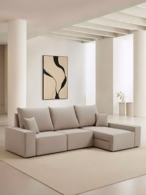 Divano modulare Loft Kenay Home da 2,5 posti con chaise longue destra, colore perla, design moderno in tessuto – 1