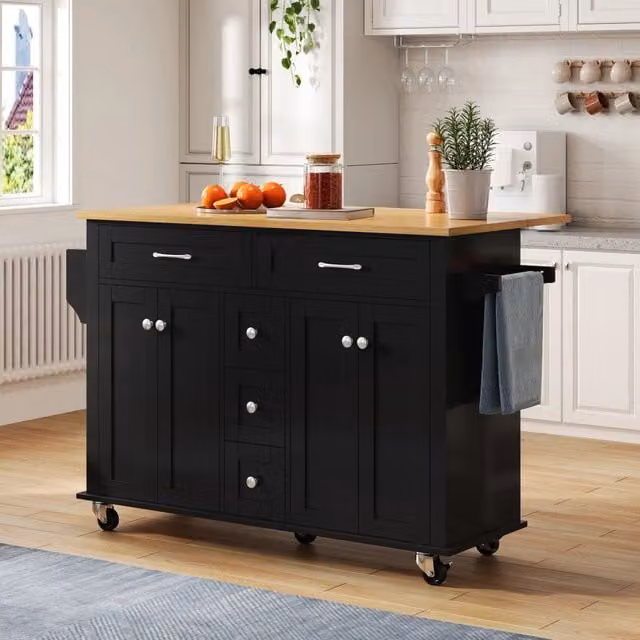 Carrello da cucina con piano pieghevole; 5 cassetti; 2 vani chiusi; ruote; MDF; nero/naturale; 140×65×89 cm