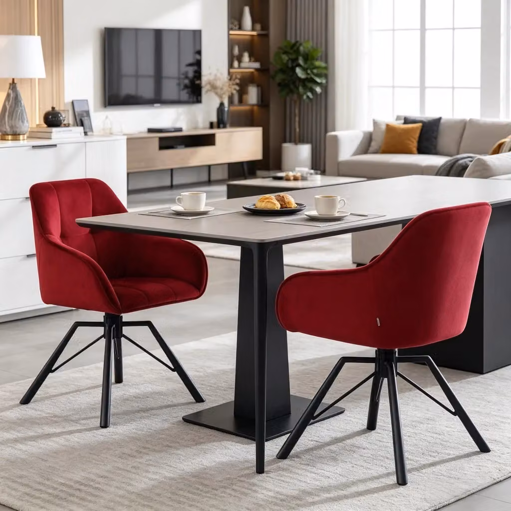 Set di 2 sedie da pranzo girevoli WISHDOR in velluto rosso con braccioli e base in metallo – 2