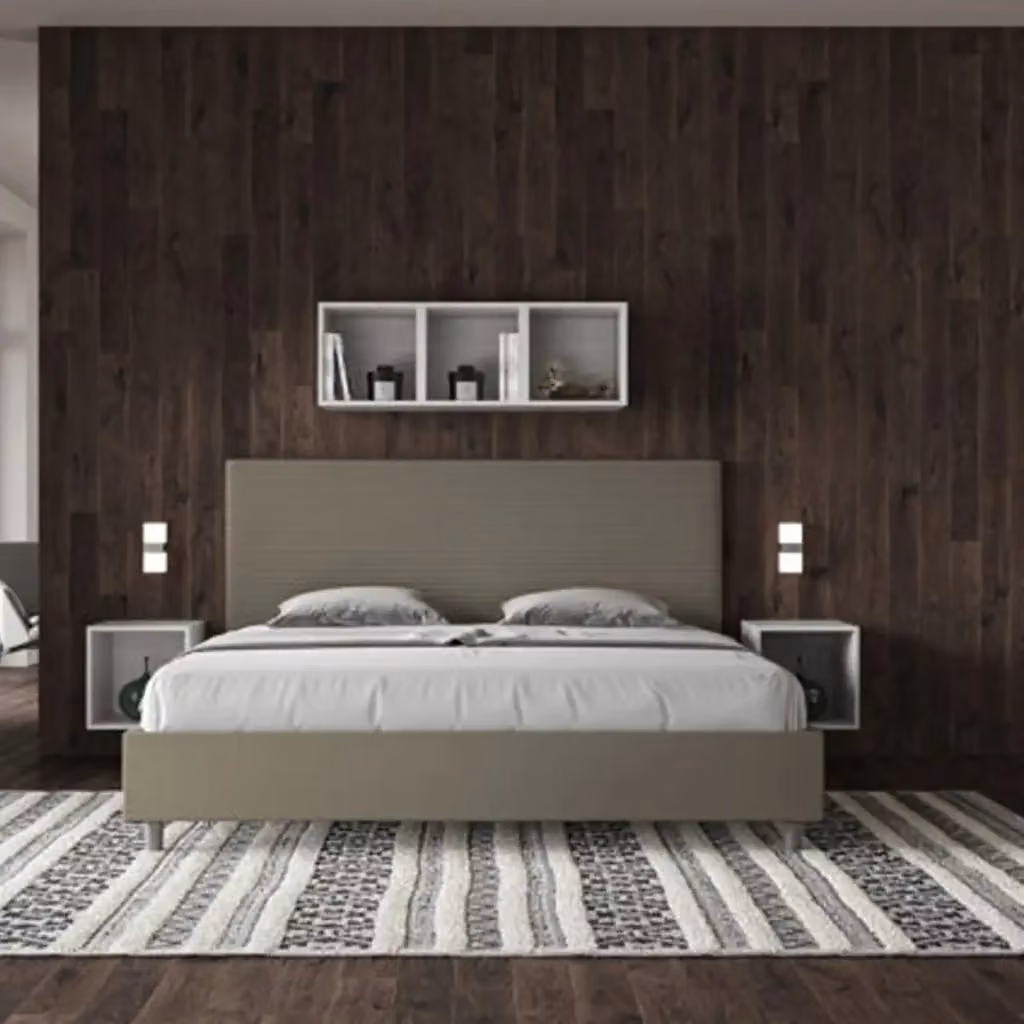 Letto matrimoniale king size Focus Ityhome con rete imbottita in similpelle color beige L: 230 cm, P: 215 cm, H: 122 cm – 2