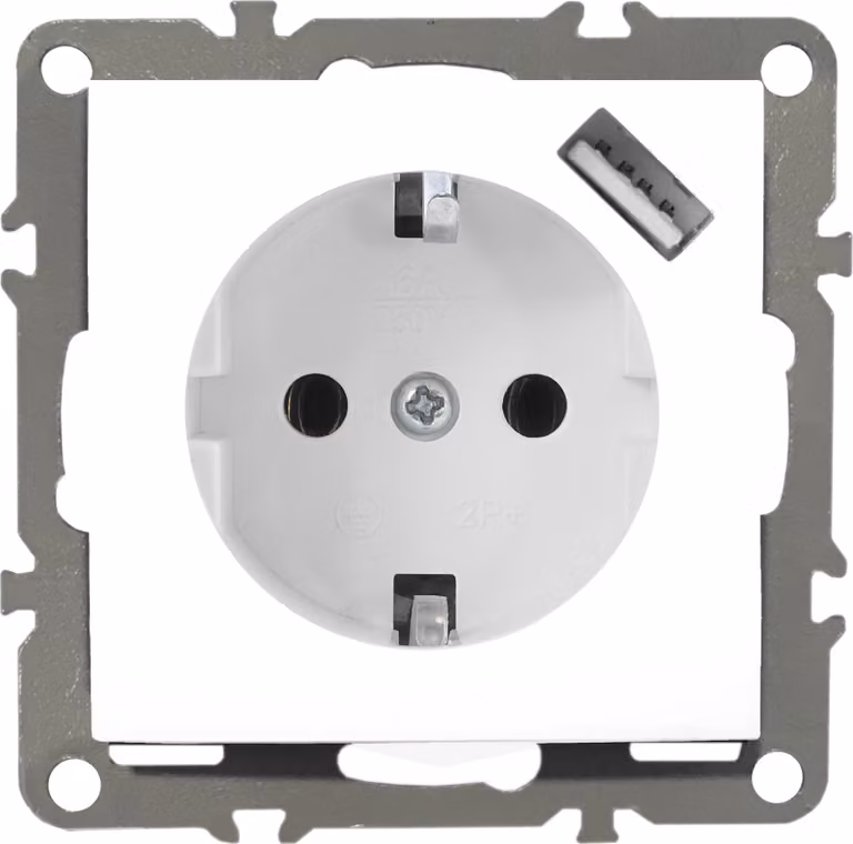 Prese di corrente Schuko 230V con USB, serie QUADRA, colore bianco