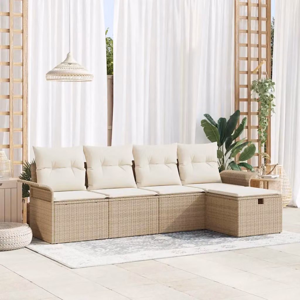 Set Divano da Giardino vidaXL 5 Pezzi a Forma di L in Poly Rattan con Cuscini Beige e Grigio