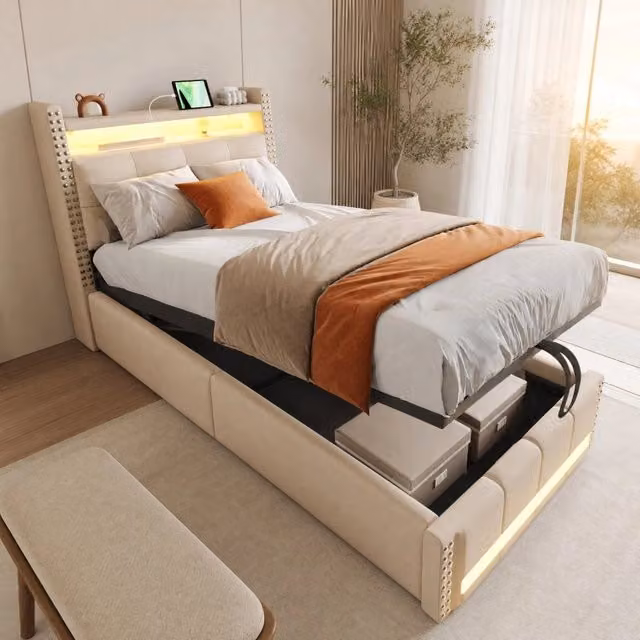Letto singolo imbottito in lino beige 90x200 cm con illuminazione LED, presa USB e contenitore idraulico