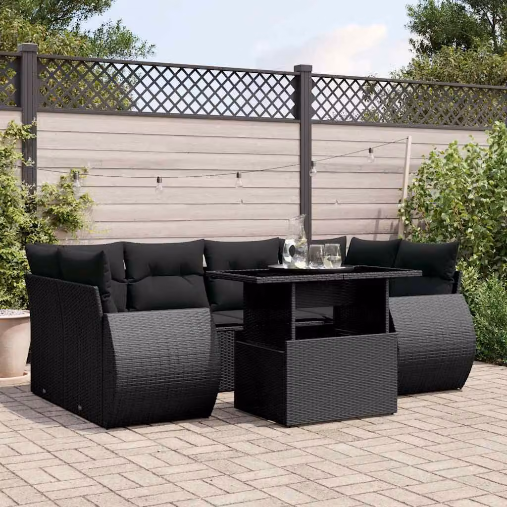 vidaXL Set Divano da Giardino a L con 7 Pezzi Nero con Cuscini e Tavolino in Polyrattan e Acciaio – 1