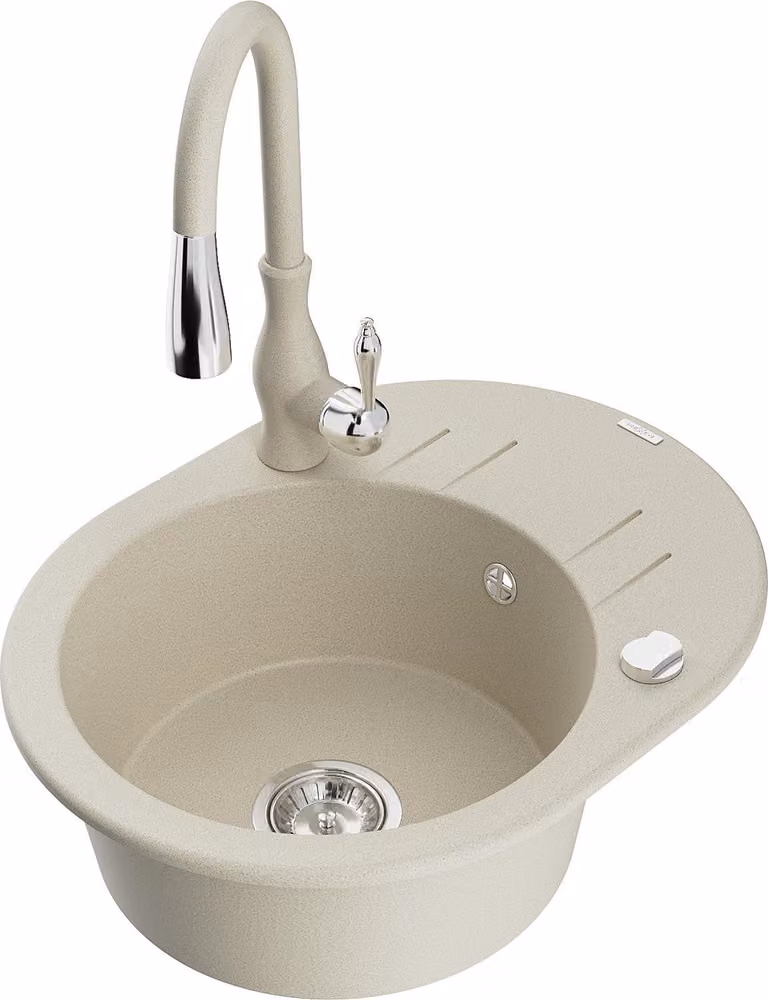 Mexen Kevin lavello in granito a 1 vasca con gocciolatoio e rubinetto da cucina Savita, beige - 6517-69-672601-69
