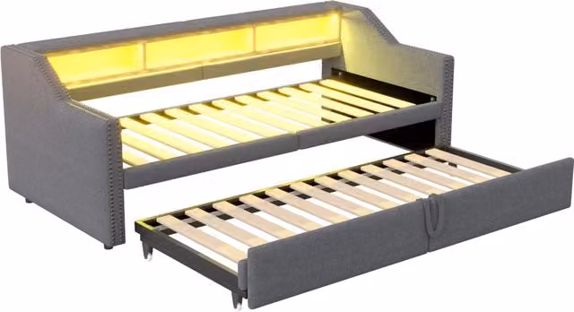 Letto matrimoniale estraibile moderno con materasso incluso, illuminazione LED, porta USB e ripiani laterali, colore grigio, L/P/H: 180 x 200 cm – 1