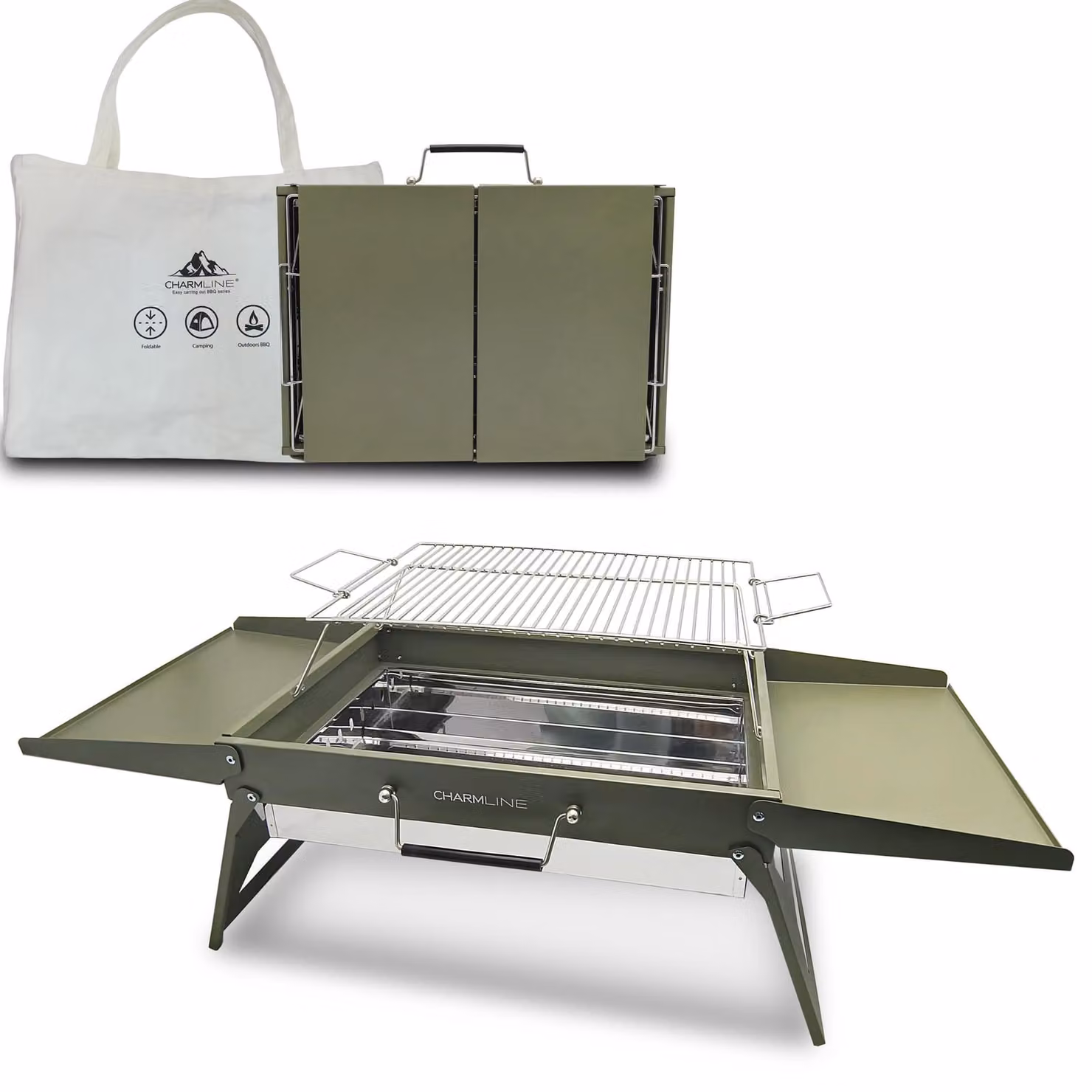 Griglia portatile pieghevole a carbone, dimensioni 47 x 34 cm, ideale per campeggio, adatta per 3-5 persone, colore verde