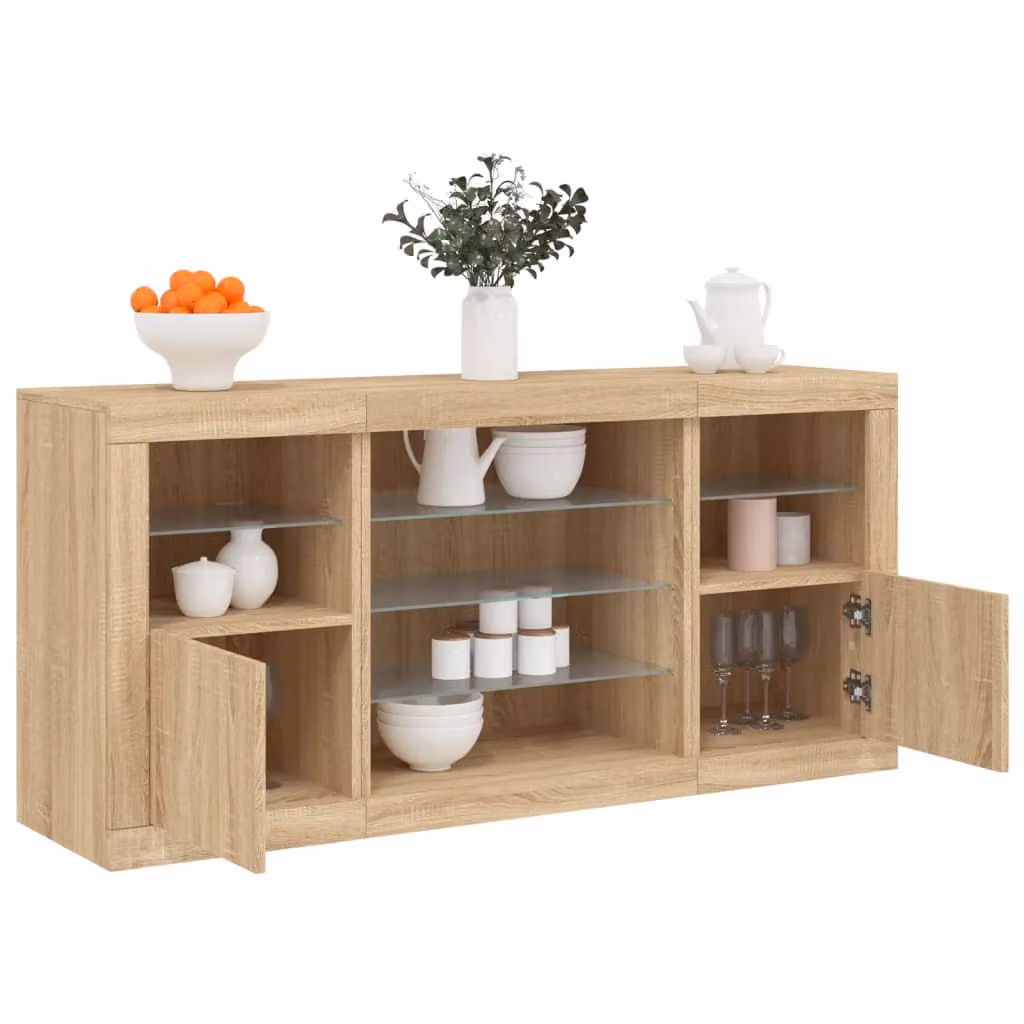 Credenza moderna vidaXL con luci LED in rovere sonoma, L: 142,5 cm, P: 37 cm, H: 67 cm