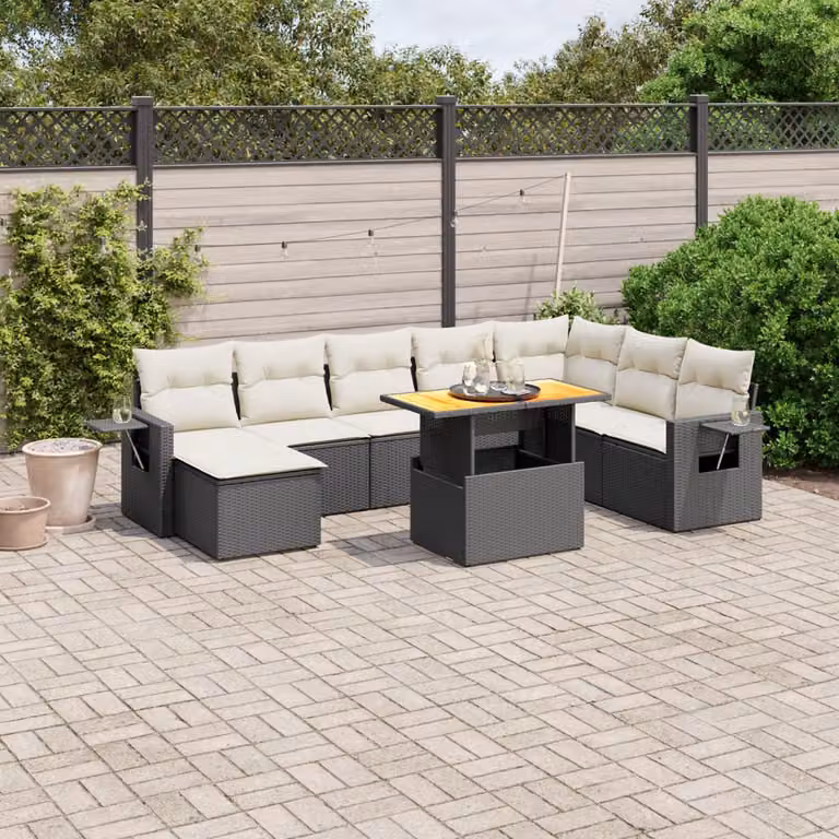 vidaXL Set Divani da Giardino 9 pz in Polyrattan Nero con Cuscini e Tavolino da Esterno