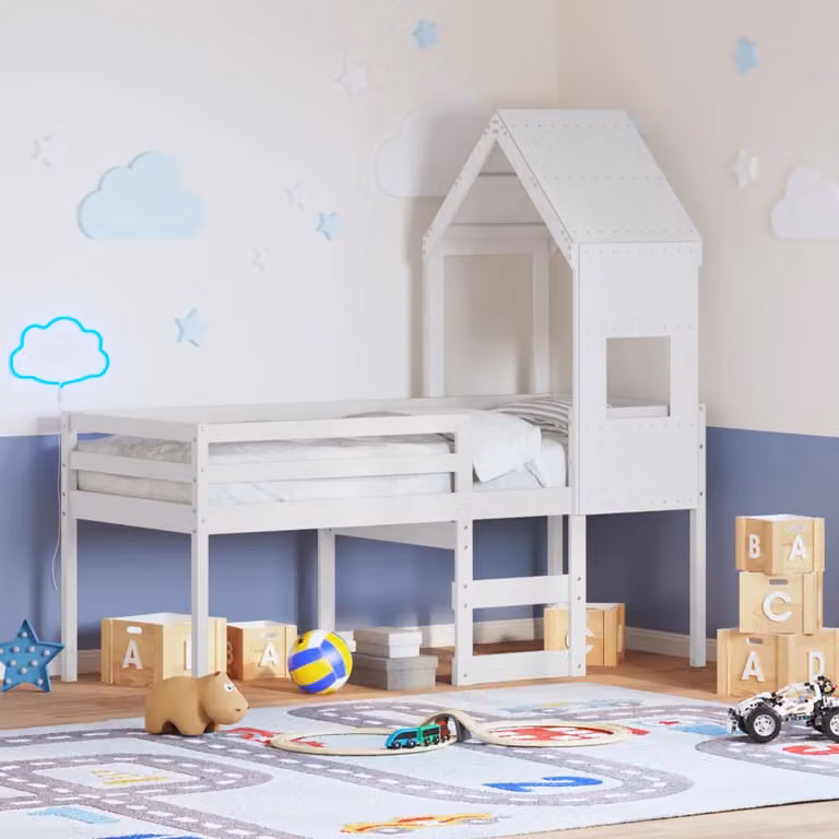 vidaXL Letto a Soppalco per Bambini con Tetto a Casetta in Legno di Pino Bianco L/P/H: 190 x 90 x 195,5 cm