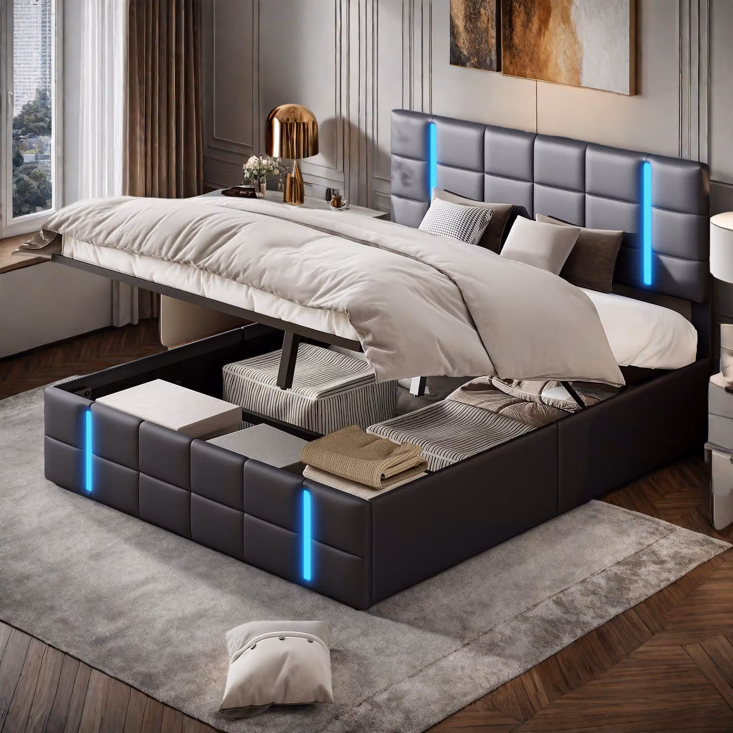 UnboxG Letto imbottito matrimoniale 140x200 cm con LED, USB C, letto idraulico con contenitore e testata, letto contenitore struttura letto con rete in metallo e rete a doghe, PU, nero
