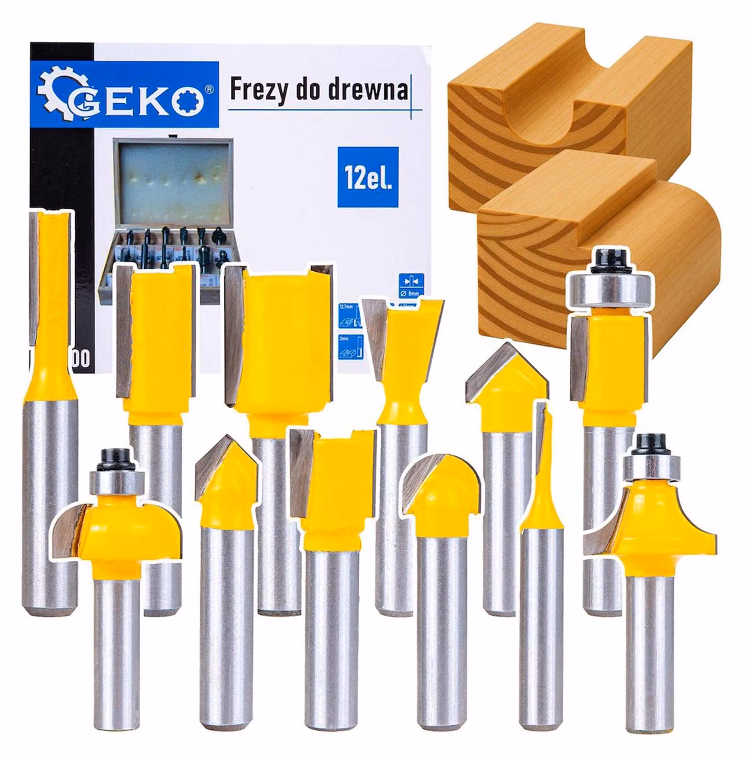 Set-kit 12 frese per legno, diametro 8 mm, HSS, Geko