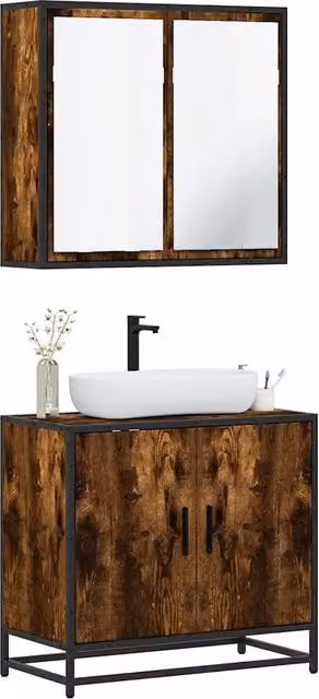 Set Mobili da Bagno Industrial vidaXL in Legno e Metallo Marrone, composto da Mobile Lavabo e Armadietto con Specchio, a Parete
