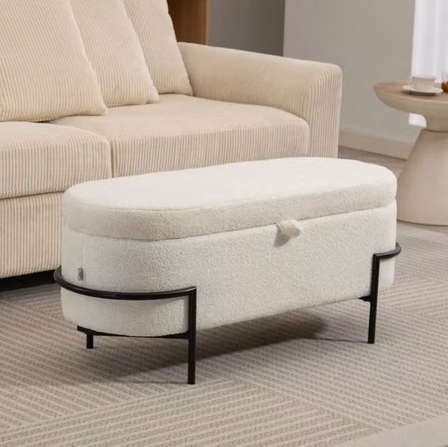 Panca contenitore ULEVR 114,5x40x48 cm con vano da 69 L, seduta imbottita in poliestere color crema