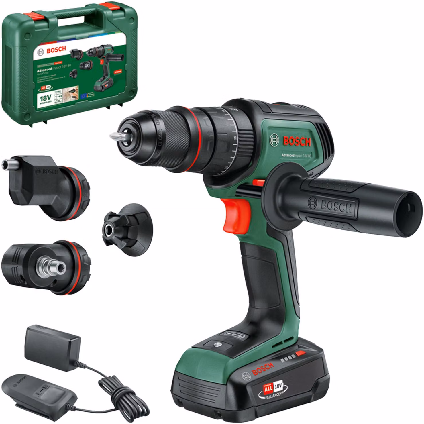 Trapano avvitatore a batteria Bosch AdvancedImpact 18V-80 QuickSnap (18V; motore brushless; 82 Nm; con accessori angolari, eccentrici e magnetici; batteria e caricabatterie inclusi) – Esclusiva Amazon – Coppia 82 Nm | Mandrino 13 mm