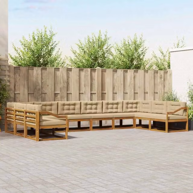Set di divani da esterno a forma di U vidaXL in legno di acacia con cuscini beige e sabbia – 1