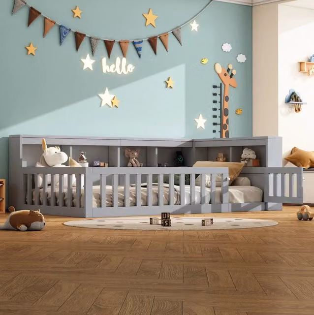 Letto daybed 90x200 cm grigio con struttura in truciolato e MDF, con rete a doghe, contenitore, presa elettrica e porta USB