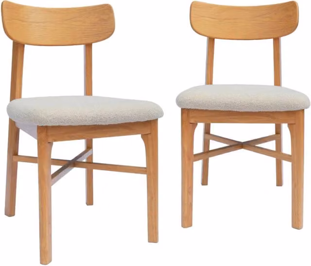 Set di 2 sedie vintage Sweeek in legno di hevea e tessuto bouclé, marrone naturale