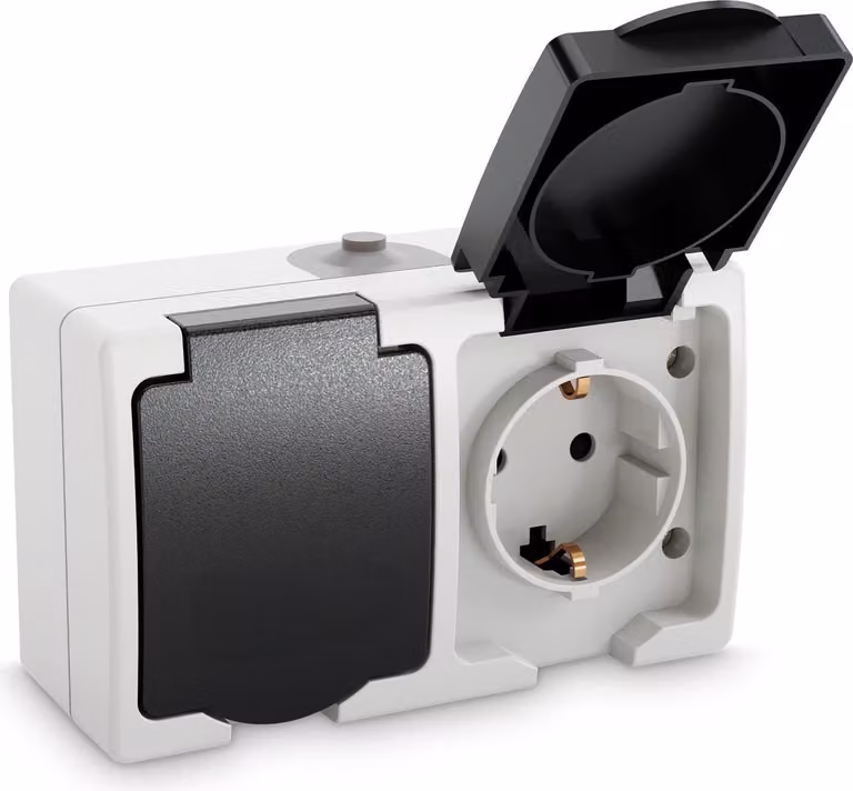 ABSINA Presa di corrente a superficie con contatto di terra per locali umidi - Presa di corrente a superficie a 2 poli con contatto di terra IP44, 250V, 16A, 2 poli