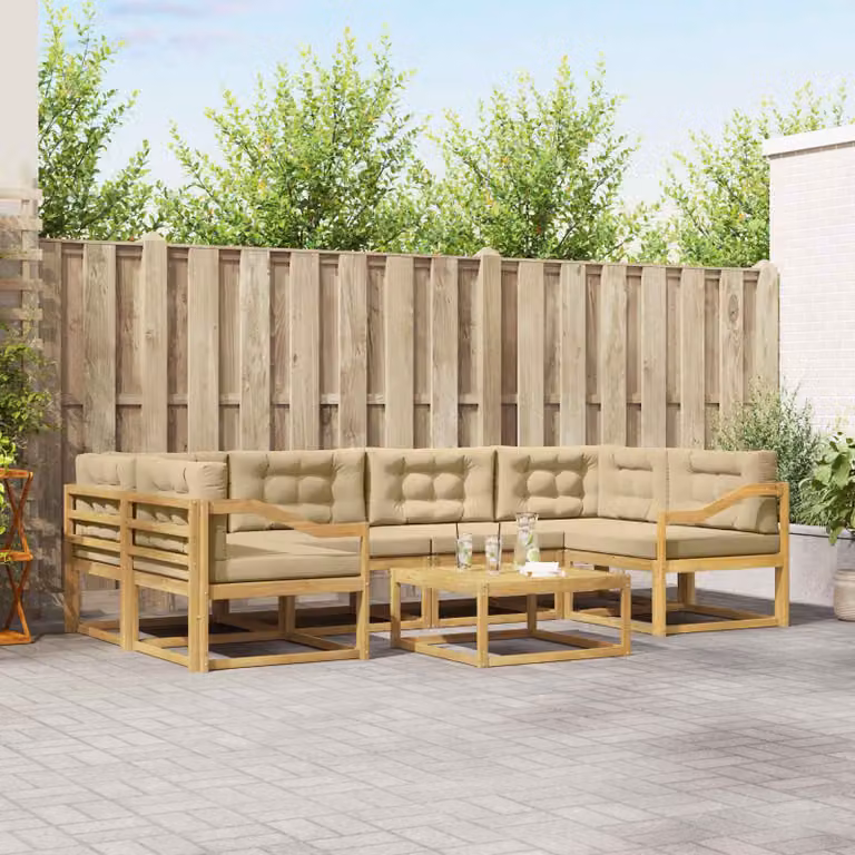 vidaXL Set di divani da esterno a L in legno di acacia con tavolo da caffè, Bianco e Beige