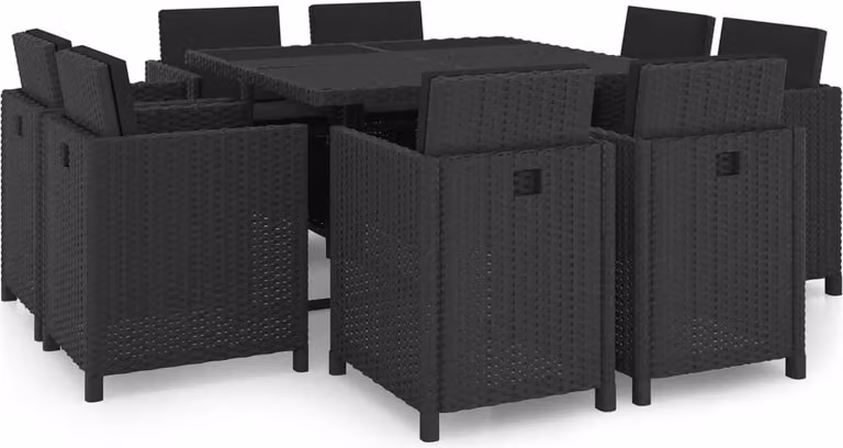 The Living Store Set da pranzo da giardino 9 pezzi con cuscini in poly rattan nero