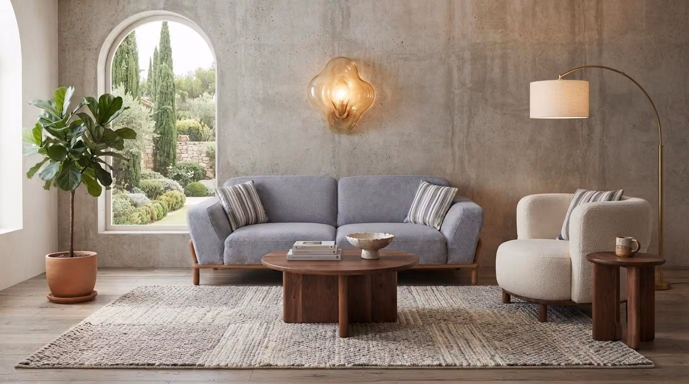 Divano moderno grigio, composto da un divano a tre posti e una poltrona, ideale per il soggiorno