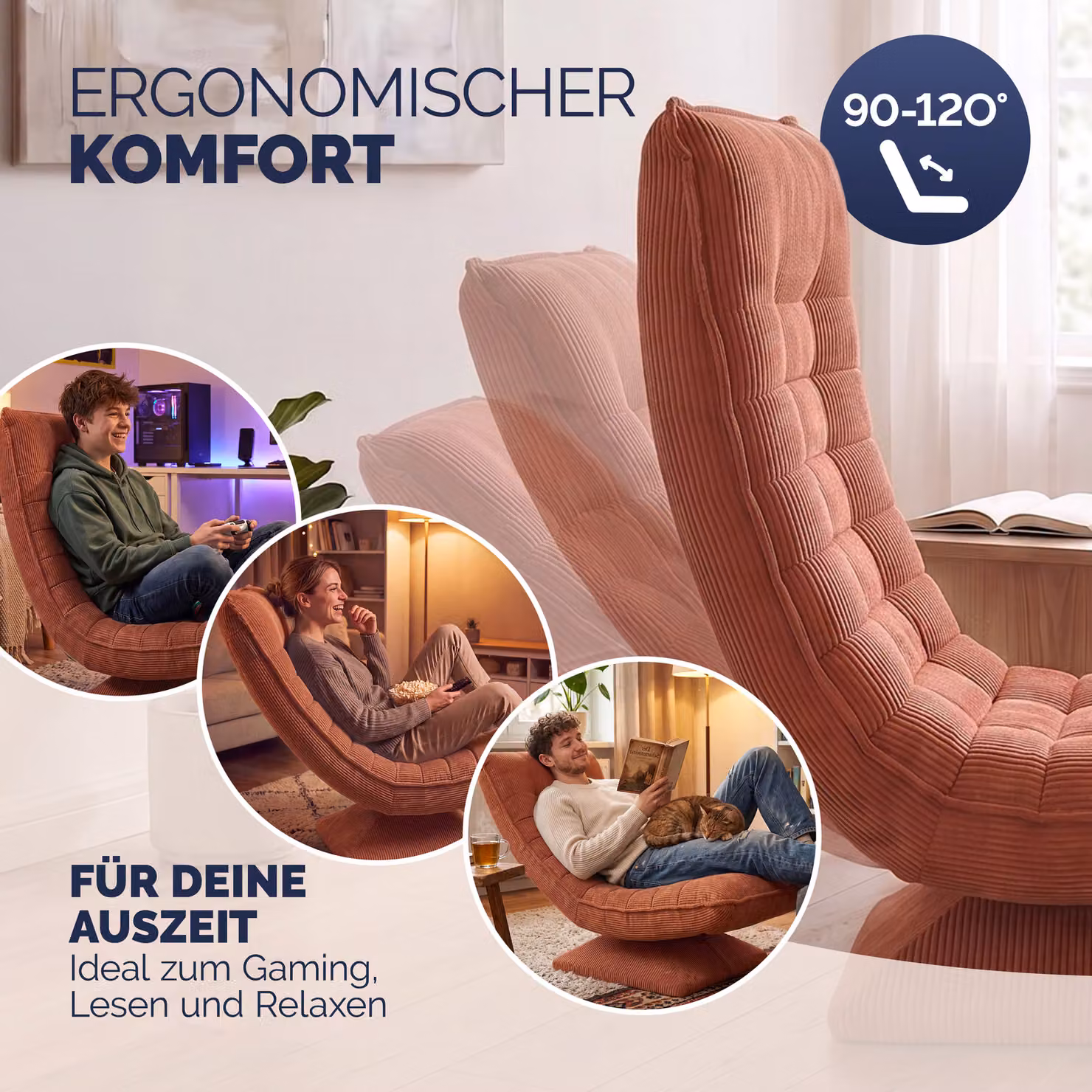Poltrona relax girevole a 360° Casaria® Aberdeen in velluto a coste terracotta, regolabile in 5 posizioni e pieghevole – 4