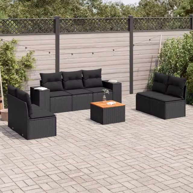 Set Divani da Giardino con Cuscini 8 pz Nero in Polyrattan 3225397