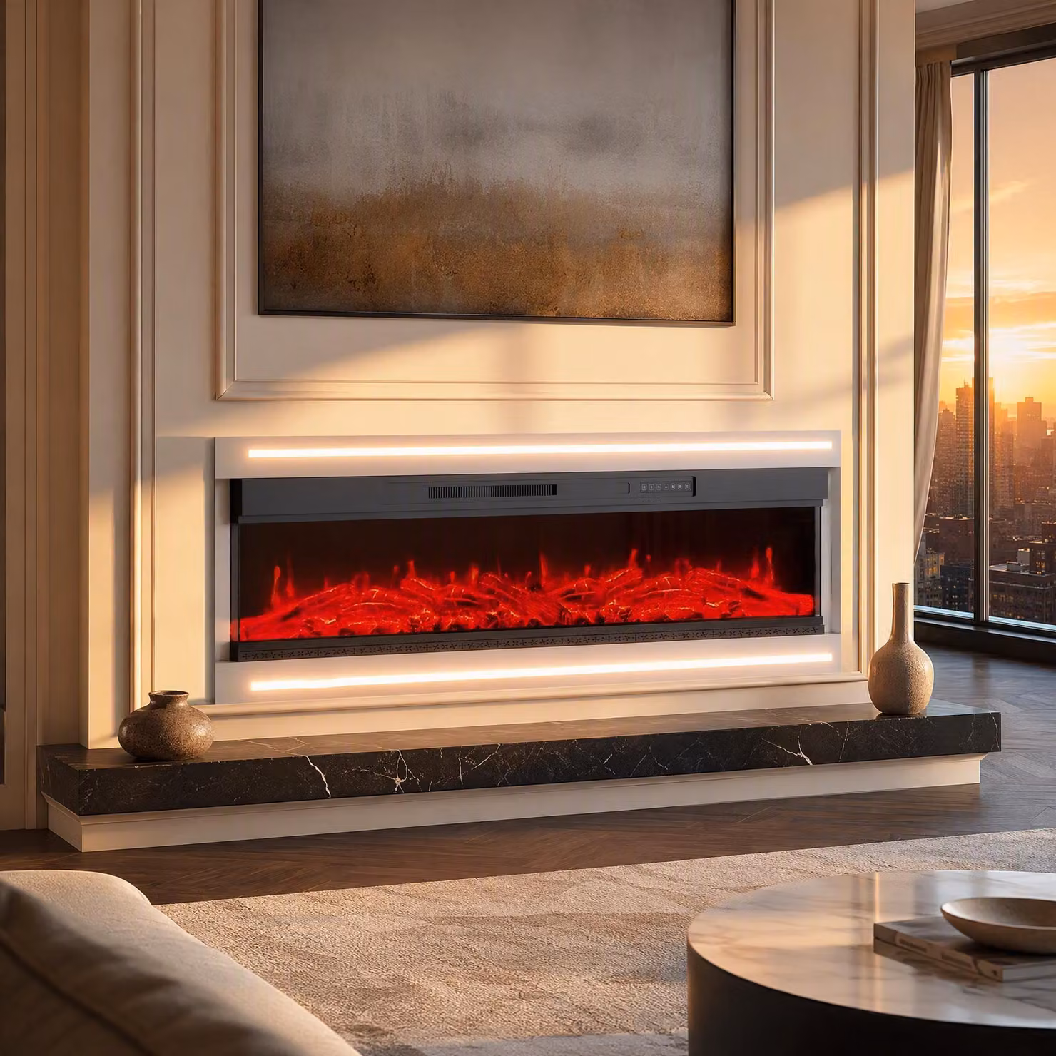 INONEFT Caminetto elettrico da 60" con effetto fuoco 3D LED realistico – Caminetto elettrico da parete con riscaldamento e effetto camino, controllo tramite app, effetto crepitio e timer, colore bianco