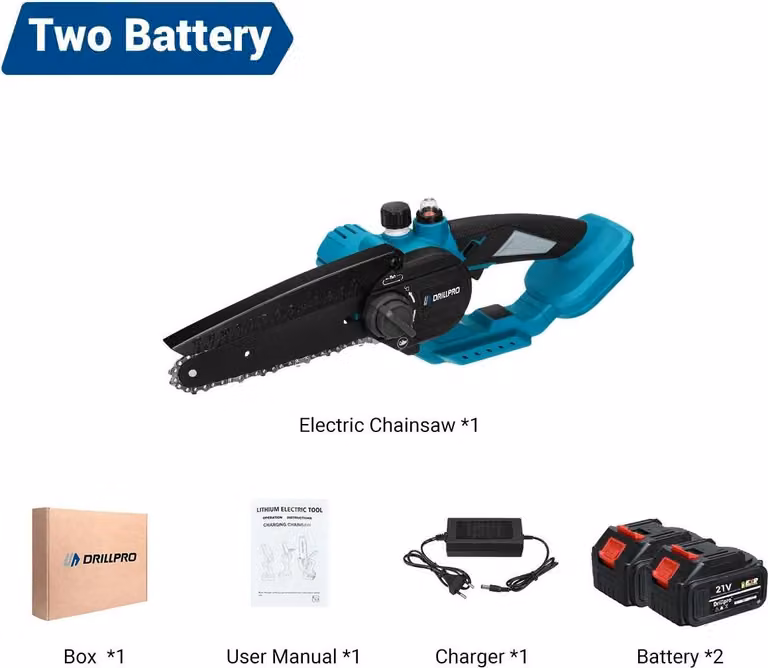 Mini motosega - Motosega a batteria da 18V - Lame da 15 cm - Motore brushless da 3000W - Lubrificazione automatica della catena - 2 batterie - Spina di alimentazione europea