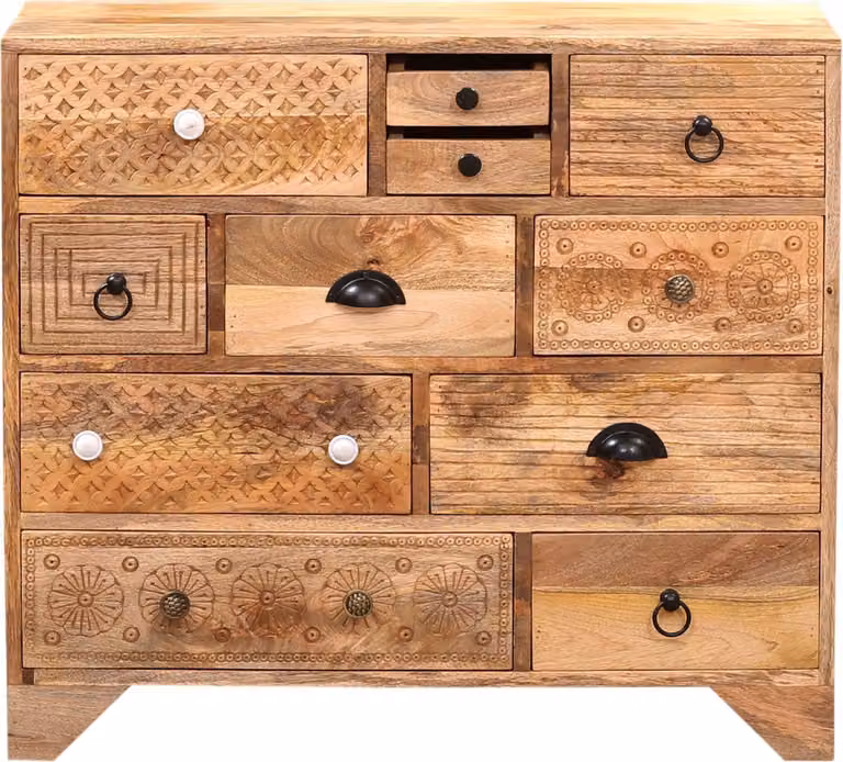 Cassettiera industriale Marrakesh con 11 cassetti in legno 90cm | Cassettiera decorativa scandinava Nukesh intagliata a mano per riporre oggetti eleganti e decorazioni vintage in soggiorno e camera da letto