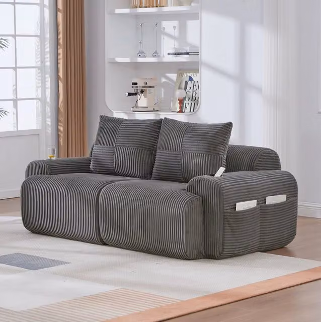 Divano 2 posti 200x99x80 cm in tessuto grigio scuro, portabicchiere, per spazi piccoli –