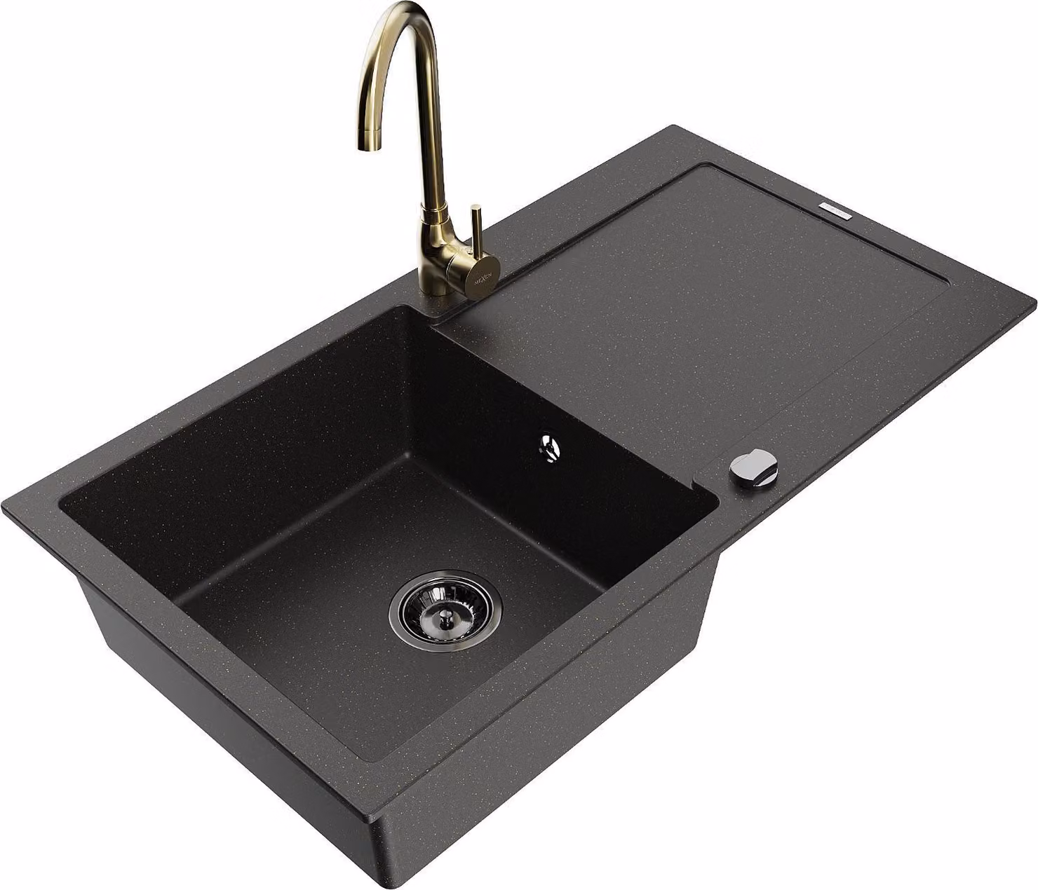 Mexen Leo lavello in granito a 1 vasca con scolapiatti e rubinetto da cucina Telma, nero/oro metallizzato - 6501-75-670200-50-B