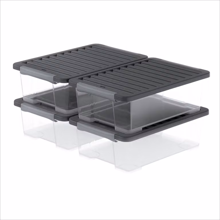 Rotho CORE PLUS Set di 4 contenitori 30 l – 59 × 39,5 × 18,5 cm – Contenitori in plastica con coperchio, maniglie chiudibili, adatti al contatto con gli alimenti, impilabili, trasparenti/neri