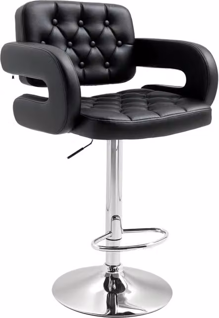 Sgabello da Bar Alto Girevole con Schienale e Braccioli in Finta Pelle Nera e Struttura in Metallo H: 113 cm, L: 50 cm, P: 59 cm