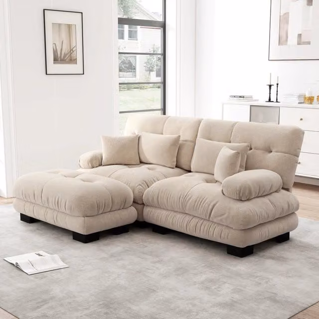 Divano angolare modulare MIVRAY beige con ottomane e cuscini, design moderno reversibile per soggiorno o ufficio, L 220 x P 145 x H 81 cm