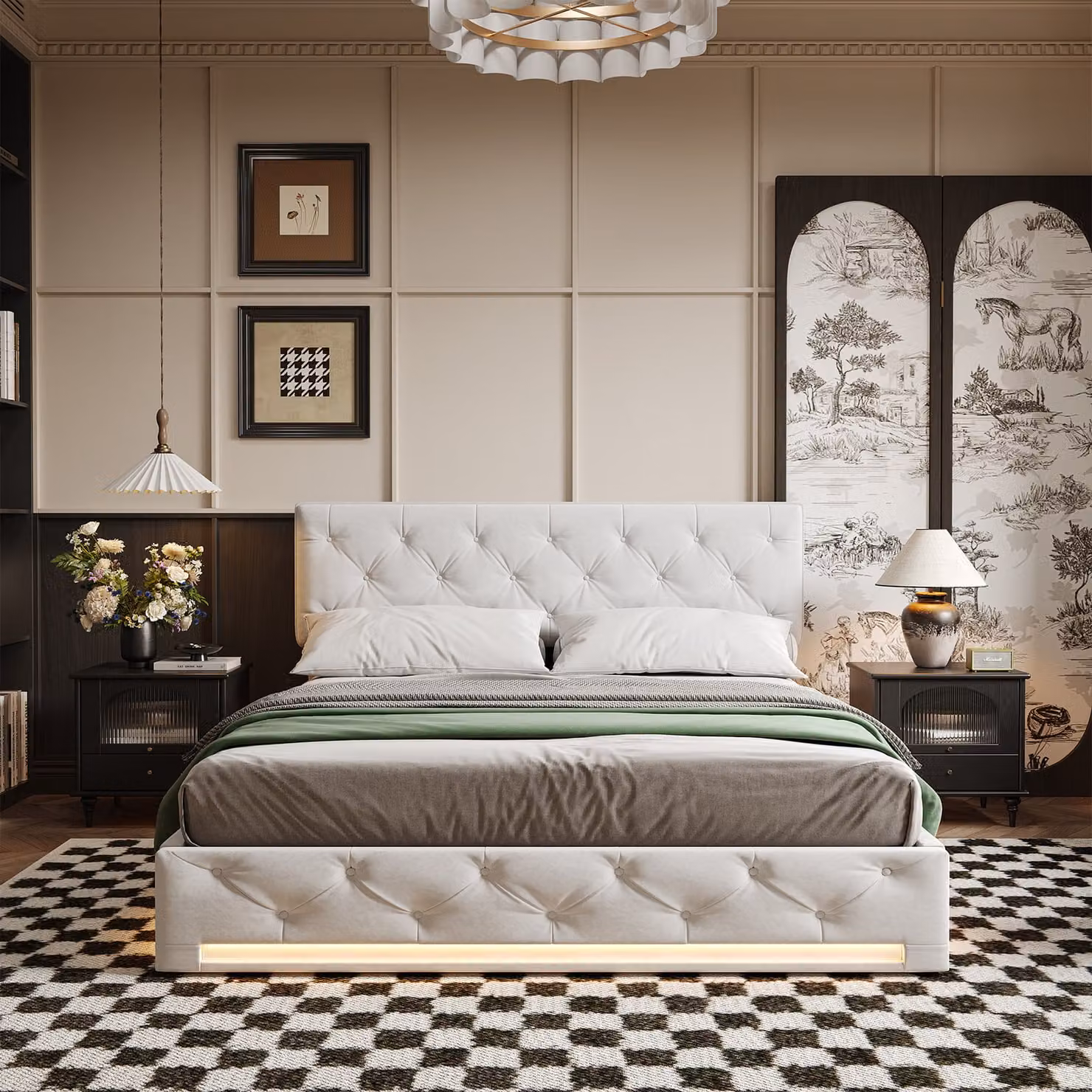 Letto imbottito con contenitore 160x200 cm, illuminazione a LED, imbottito, struttura in lino beige, design moderno, letto matrimoniale, ideale per camere da letto, funzionale ed elegante