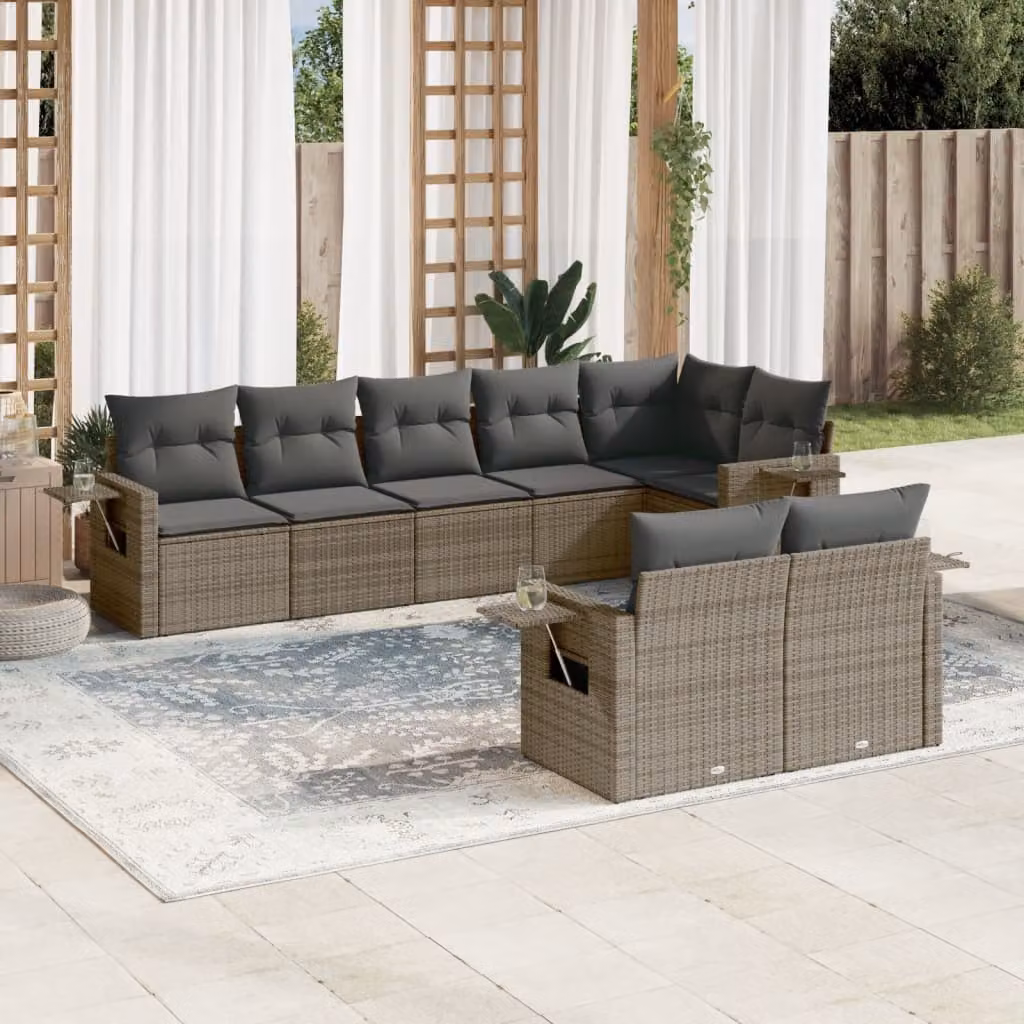 vidaXL Set Divano da Giardino a L in Polyrattan Grigio con 8 Pezzi e Cuscini – 1