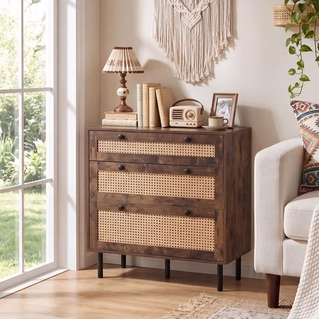 Cassettiera in rattan con 3 cassetti e gambe in metallo per camera da letto, soggiorno o studio, L: 77,5 cm, P: 35 cm, H: 10 cm – 2