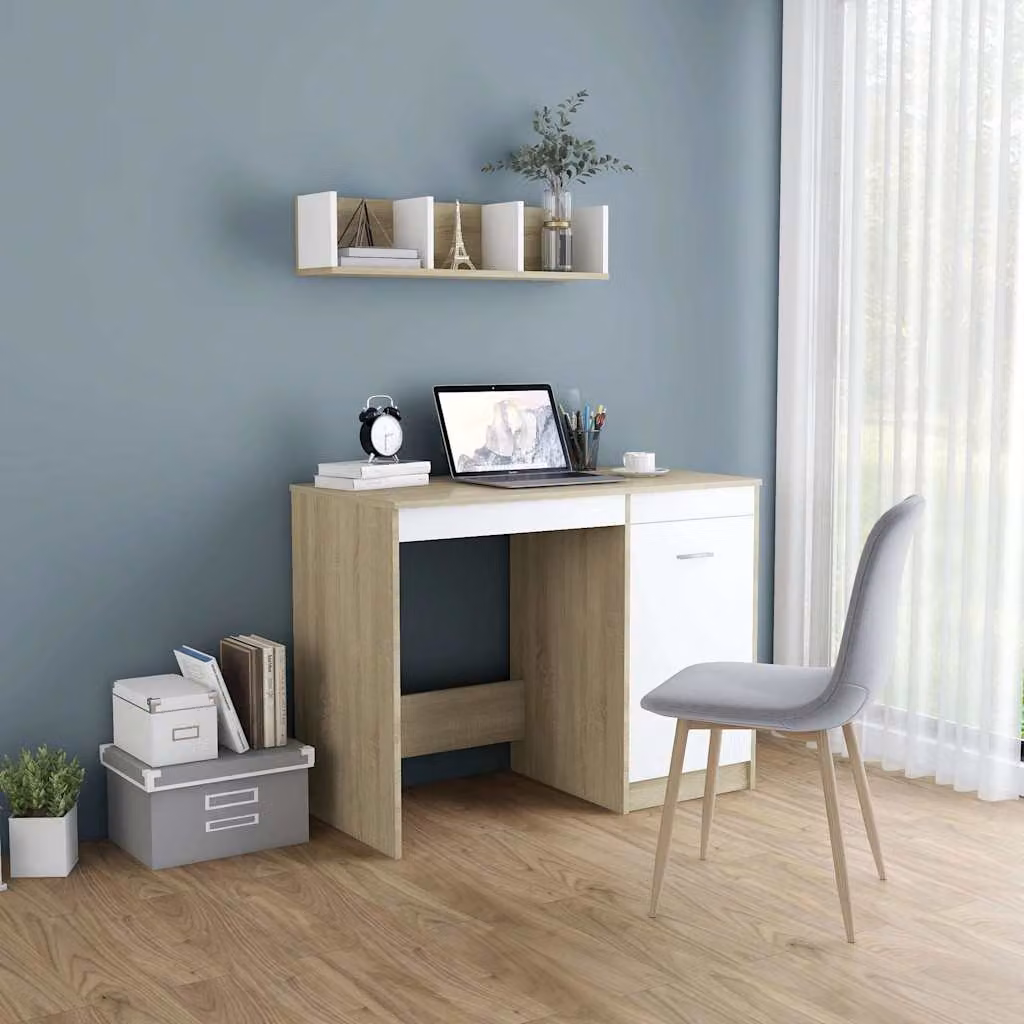 Scrivania moderna vidaXL in legno bianco e rovere, L 100 x P 50 x H 76 cm