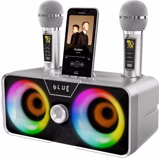 Kit di Karaoke per Adulti con 2 Microfoni Senza Fili Bluetooth, USB e Jack 3.5 mm, Colore Argento